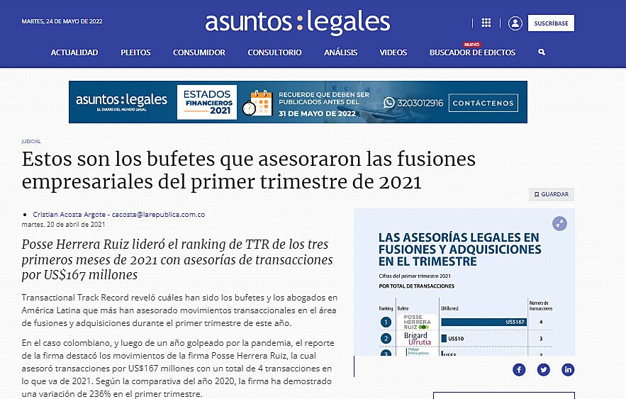 Estos son los bufetes que asesoraron las fusiones empresariales del primer trimestre de 2021